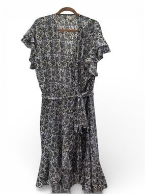 Max Studio Floral Midi Dress 1X Black White Floral Wrap Hi Low Ruffle Sleeve